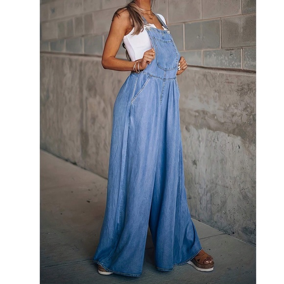Medium Wash Pockets Wide leg Jean Denim overalls - Picture 5 of 6
